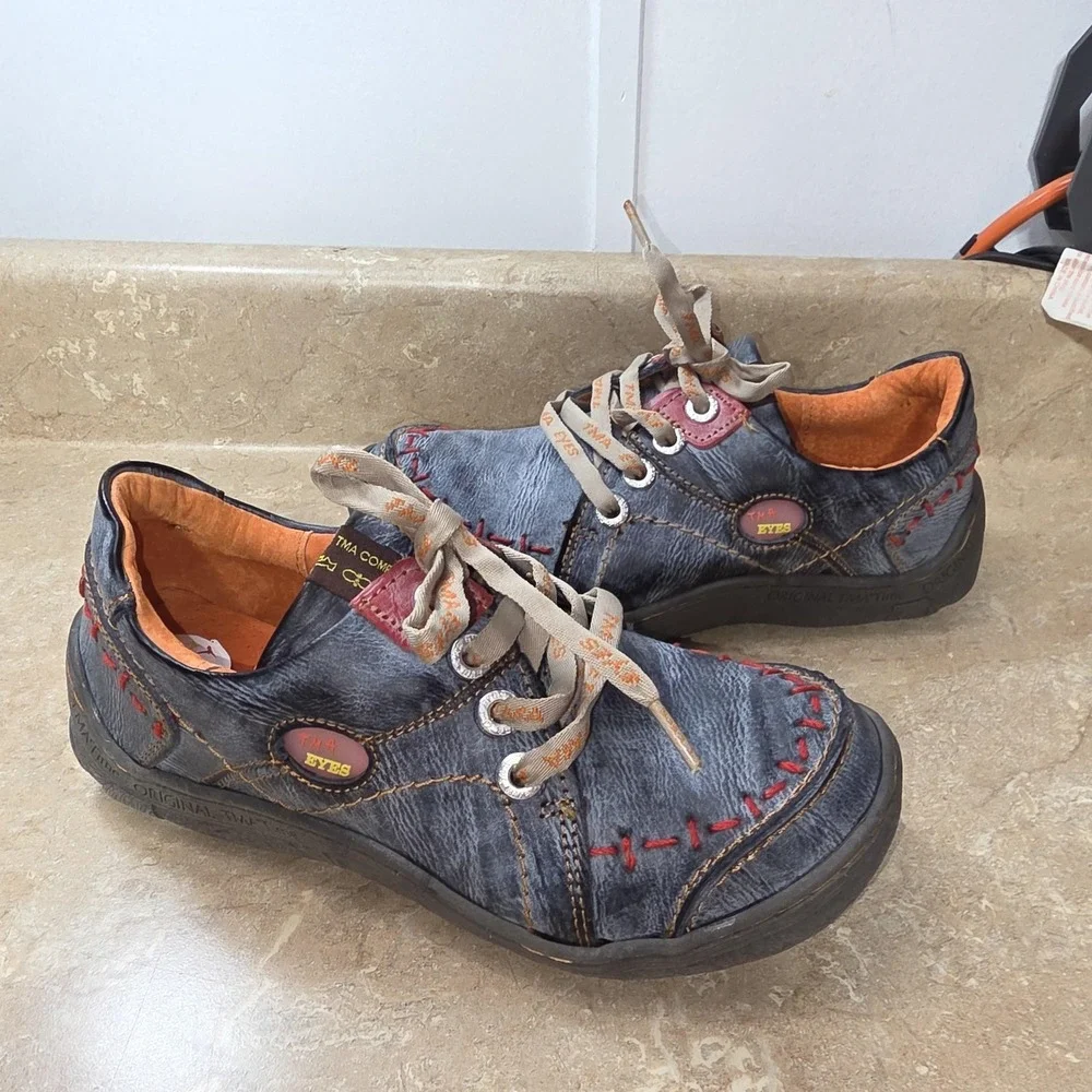 TMA Eyes Shoes Women 7.5 Blue Lace Up Comfort Walking Sneakers Franken shoe Boho - Picture 2 of 9
